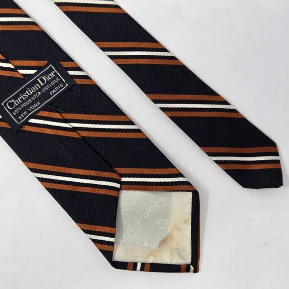 CHRISTIAN DIOR USA POLY SILK TIE BLACK WHITE ORANGE STRIPE SATIN 3" X 57" - Picture 2 of 3